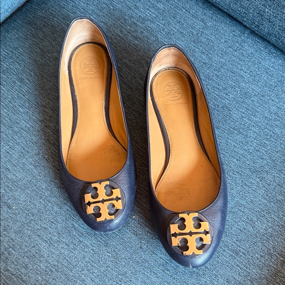 Tory Burch Navy Blue Flats with Gold Accents